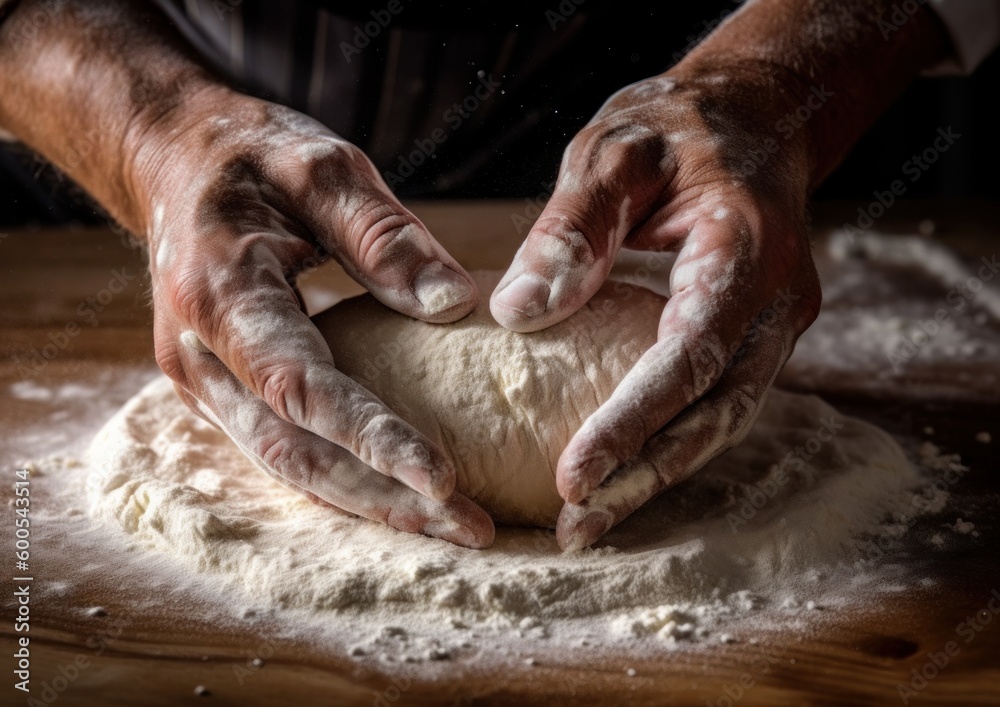Close up of hands preparing pizza dough from scratch. Generative AI.