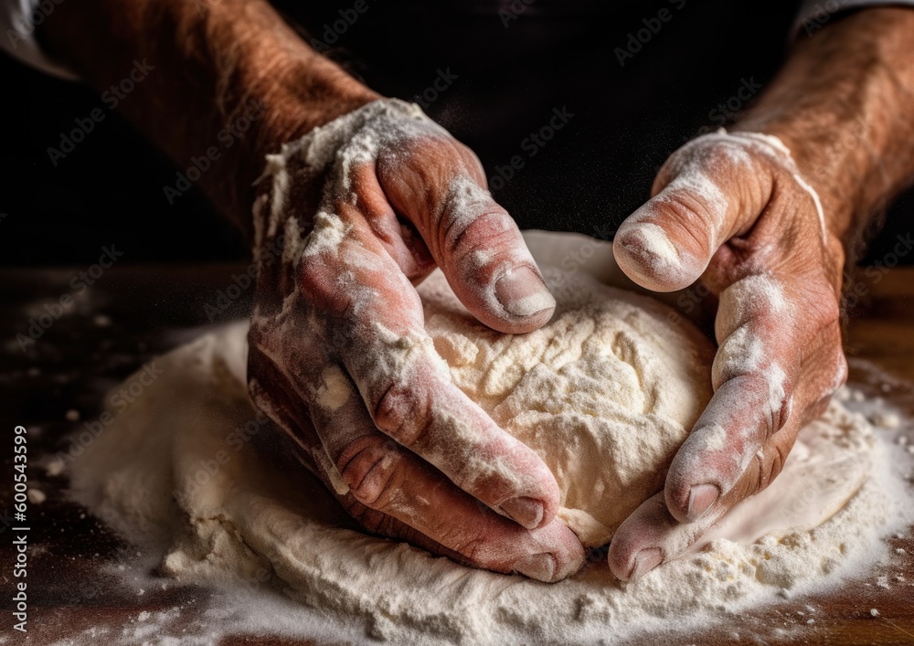 Close up of hands preparing pizza dough from scratch. Generative AI.