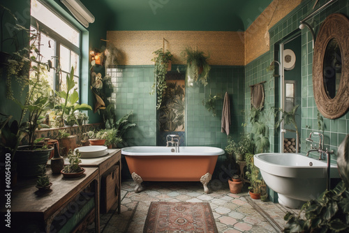 Boho style bathroom with green plants and chic design furniture. Generative AI