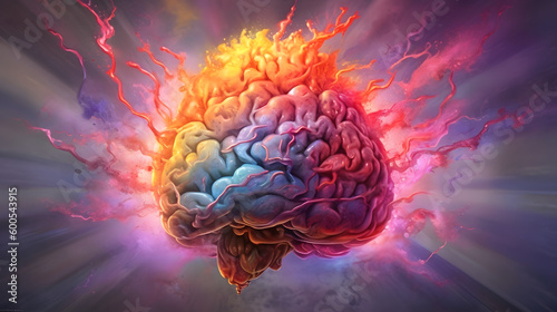 Concept art of a human brain exploding with knowledge, creativity and electricity