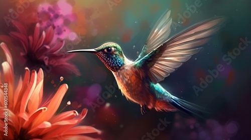 Hummingbird in flight close up near a flower. Generative AI