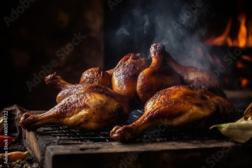 Chicken pieces on bbq grill grid with fire and smoke, close up view. Generative AI