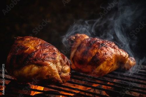 Chicken pieces on bbq grill grid with fire and smoke, close up view. Generative AI