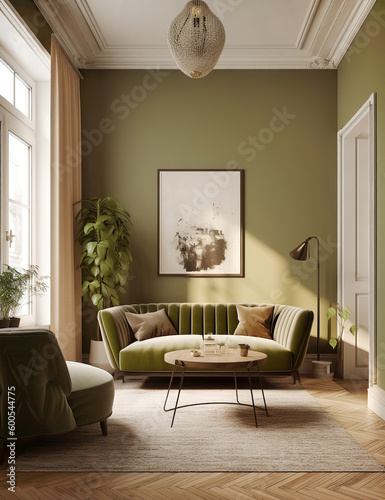 Green velvet sofa and armchair against of green wall. Interior design of classic living room. Created with generative AI