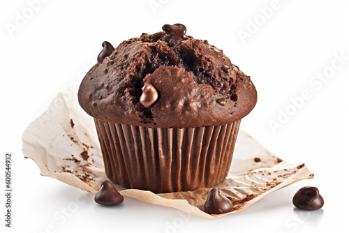 Chocolate muffin and chocolate bars isolated on a white background. Side view