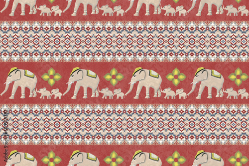 Ethnic Elephants seamless pattern on red background.  Vector Design for fabric, carpet, tile, embroidery, background and wallpaper