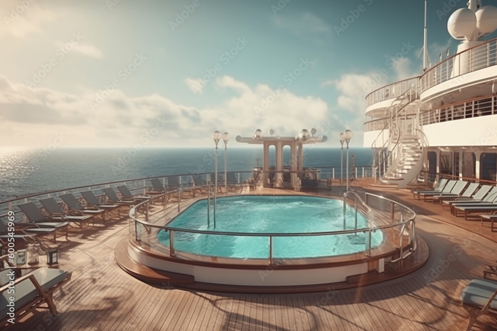 Cruise ship deck with pool. Luxury travel concept. Generative AI