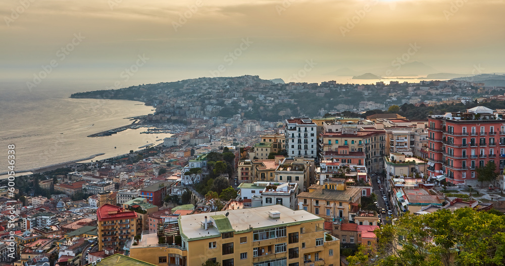 Naples, Italy. Beautiful sunset lights over the Naples' Bay