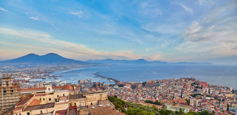 Naples, Italy: Panoramic view of the city and port with Mount Vesuvius on the horizon as seen from the hills of Posilipo.