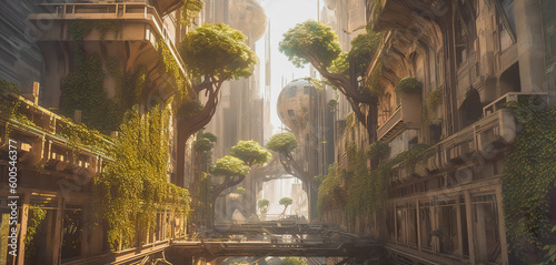 Eco-Friendly Futuristic City with Trees and Vegetation Seamlessly Integrated into Urban Structures, Inspired by Renowned Artists - Generative AI © Chris Anson