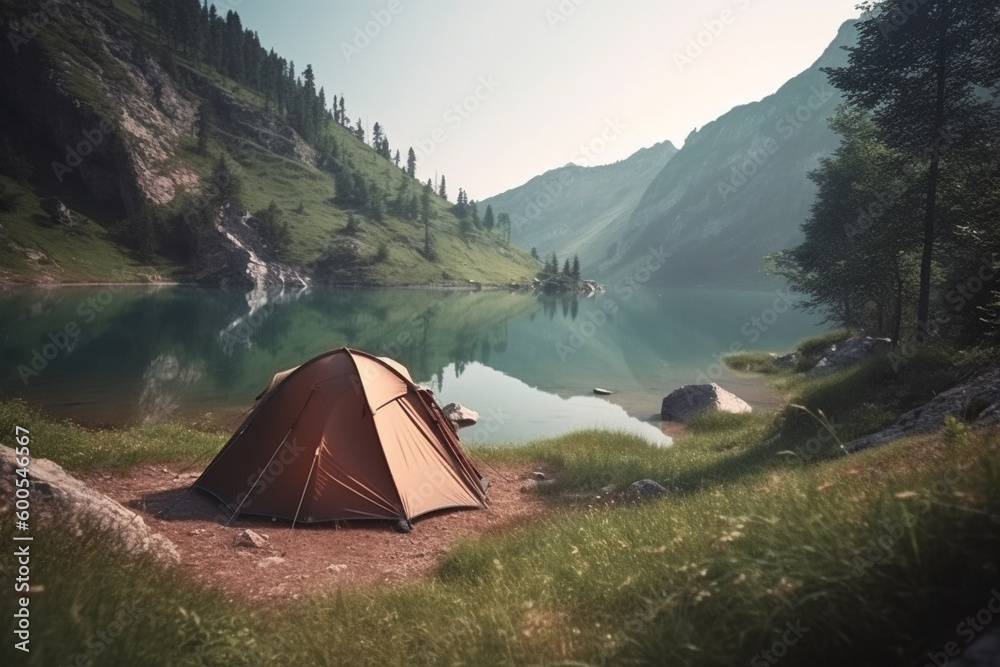Tent in beautiful scenic nature. Adventure and wild camping concept. Generative AI