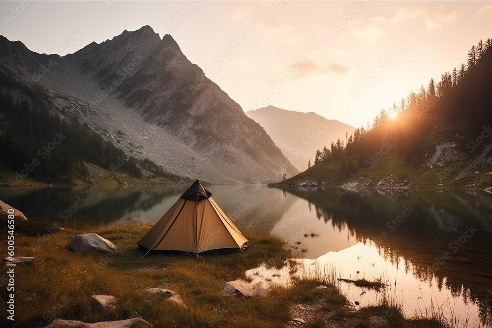 Tent in beautiful scenic nature. Adventure and wild camping concept. Generative AI Tent in beautiful scenic nature. Adventure and wild camping concept. Generative AI