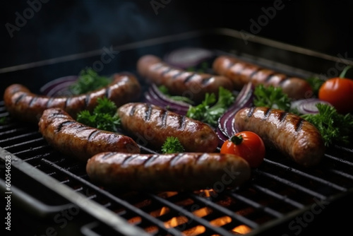 Sausage grilled on charcoal grill. Close up view on bbq grid. Generative AI
