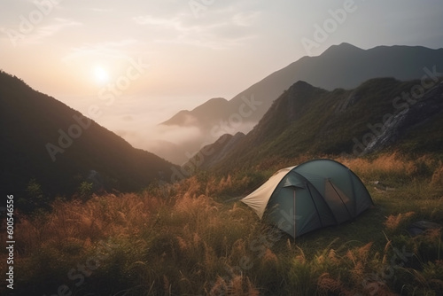 Tent in beautiful scenic nature. Adventure and wild camping concept. Generative AI