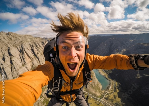 POV of The Fear, adrenaline rush and Excitement of Base Jumper. Generative AI. photo