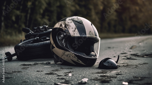 Road accident with a motorcycle on the road. AI generation photo