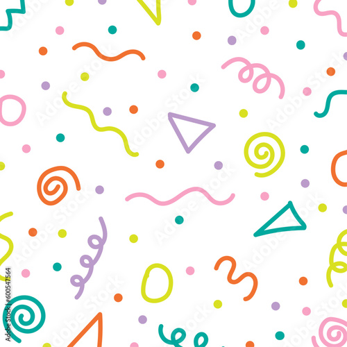 Vector Seamless of fun colorful doodle lines, creative basic shapes background