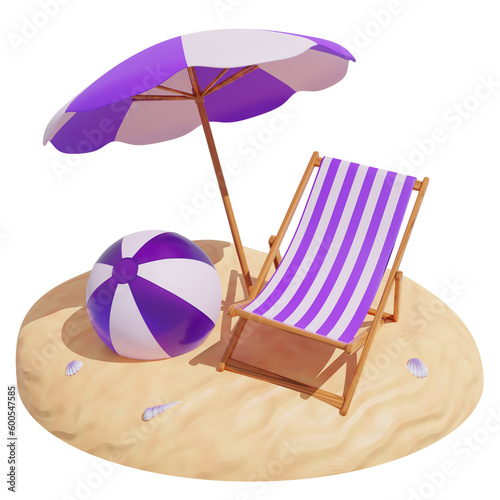 3d render of sunbed with beach umbrella and beach ball
