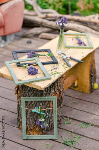 creative ideas with lavender flowers, flowers in frame and vase, purple flowers