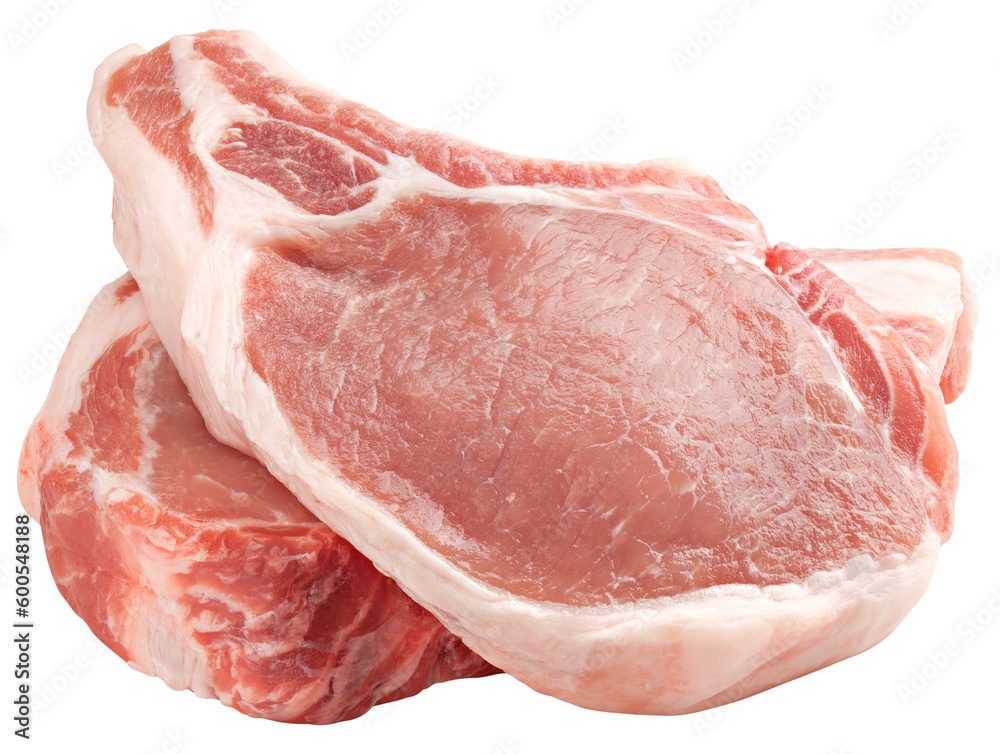 fresh raw meat on white background, pork, beef, chop on a bone, full depth of field