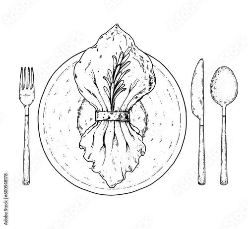 Cutlery set. Plate with napkin, fork and knife sketch. Top view. Hand drawn vector illustration. Vintage sketch. Table setting.