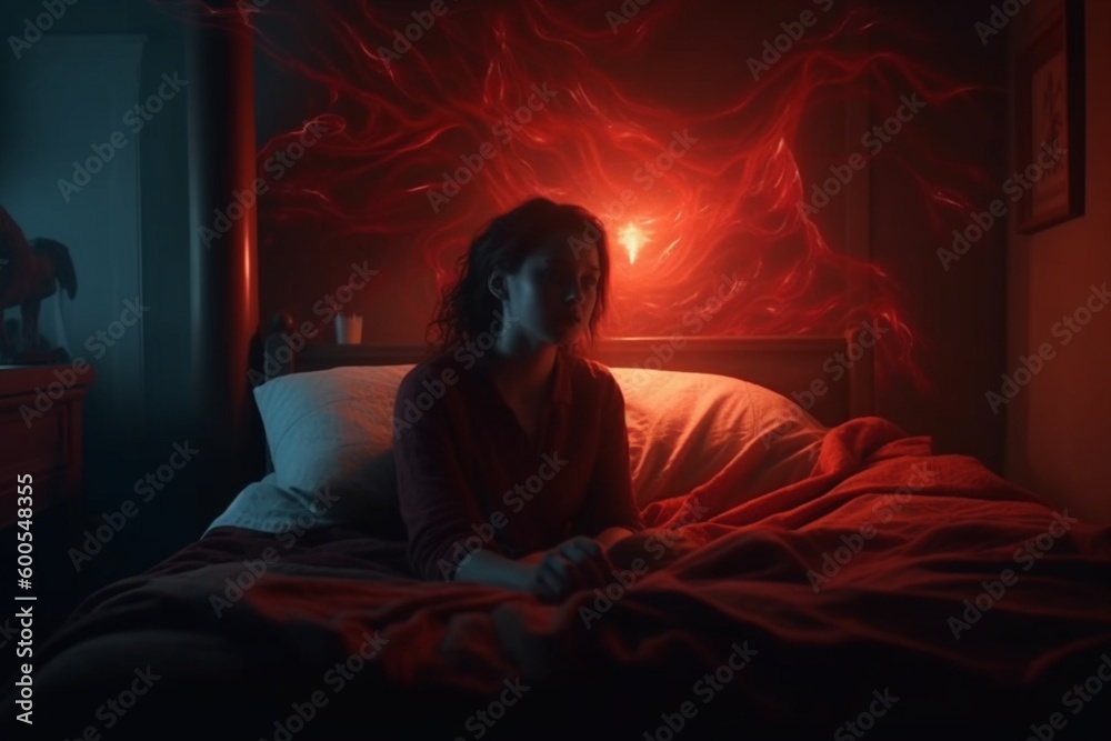 Woman in bed Struggling with Insomnia and Sleep Paralysis, nightmares Woman in bed Struggling with Insomnia and Sleep Paralysis, nightmares