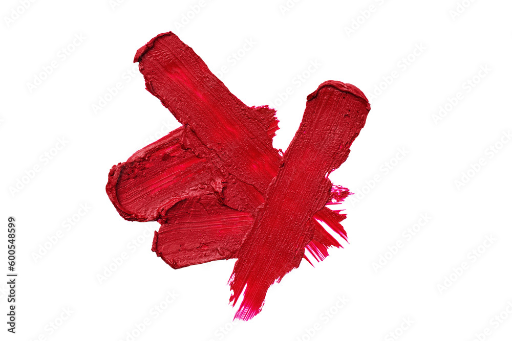 Red lipstick swatch isolated on white background. Brush stroke of lipstick or wet eye shadow for design. Red lipstick swatch isolated on white background. Brush stroke of lipstick or wet eye shadow for design.