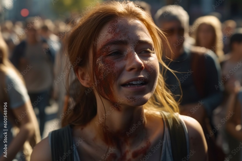 Fototapeta premium Woman activist, protestor female with face in blood, social problem concept