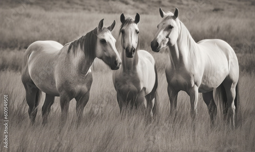  a group of horses standing in a field of tall grass.  generative ai