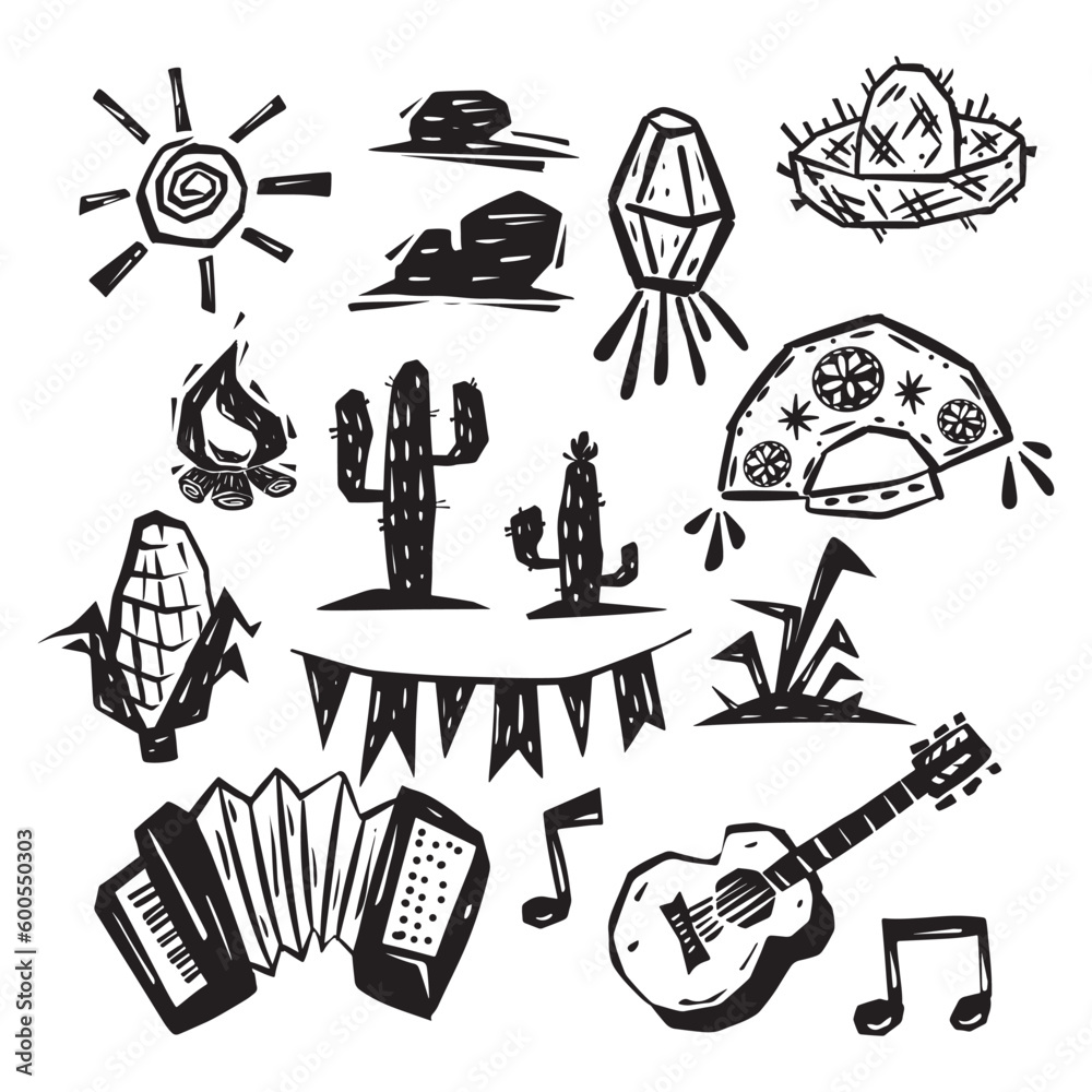 Cordel Festa Junina. Elementos gráficos da comemoração junina em estilo xilogravura