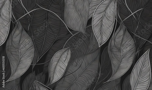  a black and white photo of a bunch of leaves on a wall. generative ai