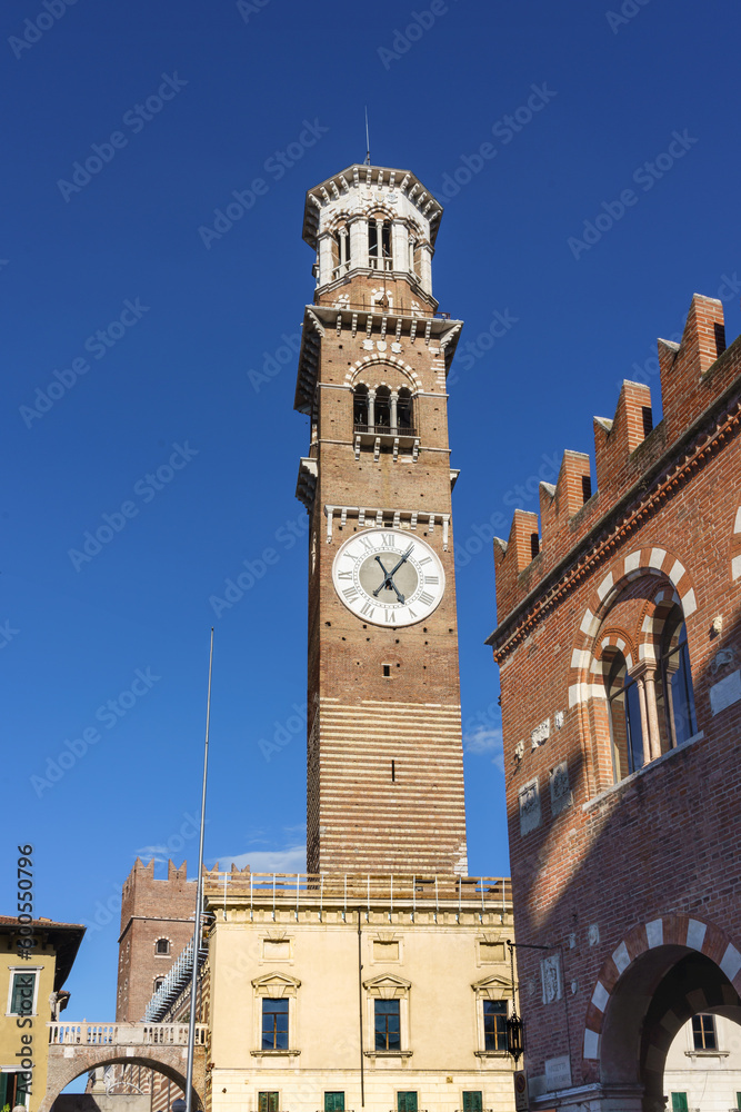 The Torre dei Lamberti, medieval tower in Verona, northern Italy. UNESCO World Heritage Site.