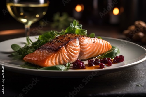 Juicy piece of salmon and wine on the table in the restaurant.