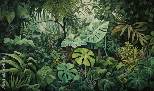  a painting of a jungle with lots of plants and trees. generative ai