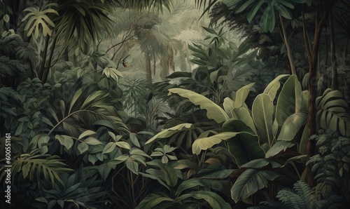  a painting of a jungle with lots of trees and plants. generative ai