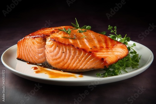Juicy grilled piece of salmon and wine on the table in the restaurant.