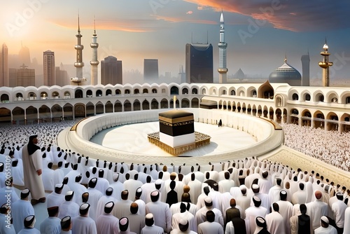 Muslims performing Hajj, Mecca, Holy Kabba, Mosque, Generative AI  photo