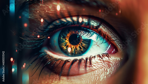Blue iris staring, illuminated by futuristic technology generated by AI