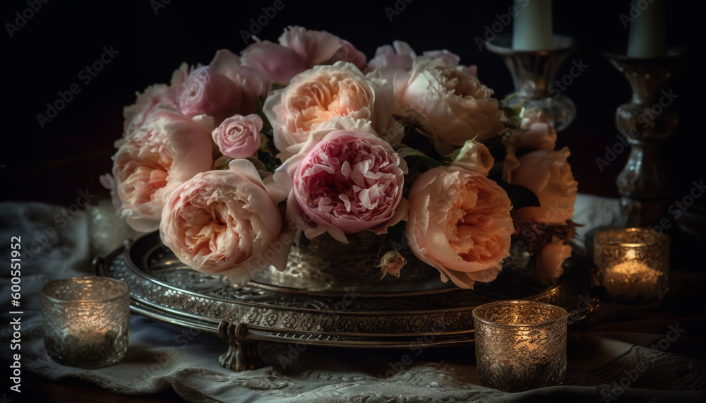 Romantic still life: old vase, pink peonies generated by AI Romantic still life: old vase, pink peonies generated by AI