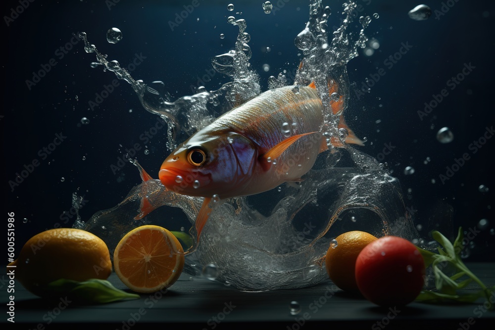 Fish and vegetables fly apart, cooking and water splash.