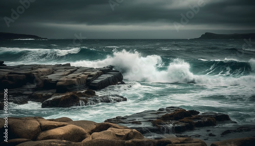 Dramatic sky, rough surf, stone cliff awe generated by AI