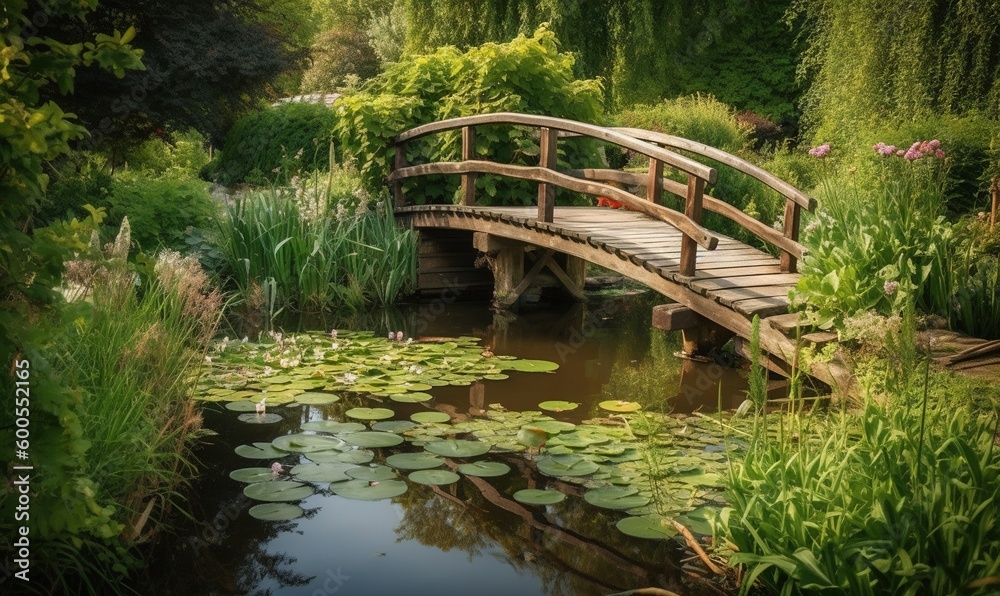 Fototapeta premium a wooden bridge over a pond with lily pads on it. generative ai