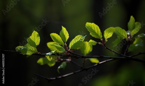  a branch of a tree with green leaves in the sunlight.  generative ai