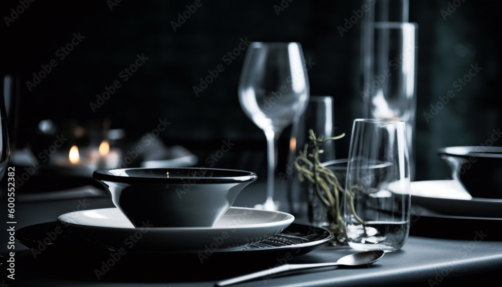 Luxury wineglass on elegant tablecloth, no people generated by AI Luxury wineglass on elegant tablecloth, no people generated by AI