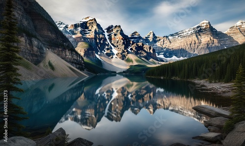  a mountain range is reflected in a lake surrounded by trees. generative ai