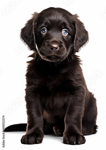 Portrait of happy and smiling cute labrador puppy dog on white background. Generative AI. © ern