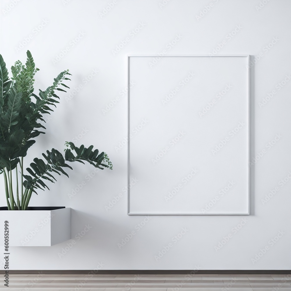 Empty horizontal frame mockup in modern minimalist interior with plant in trendy vase on white wall background. Template for artwork, painting, photo or poster Empty horizontal frame mockup in modern minimalist interior with plant in trendy vase on white wall background. Template for artwork, painting, photo or poster