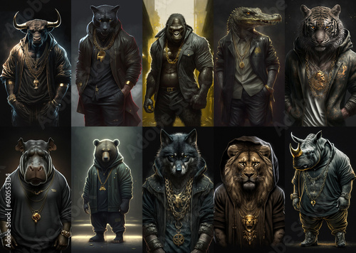 Set of portraits of animals in gangster style with modern suits AI generated © brankospejs