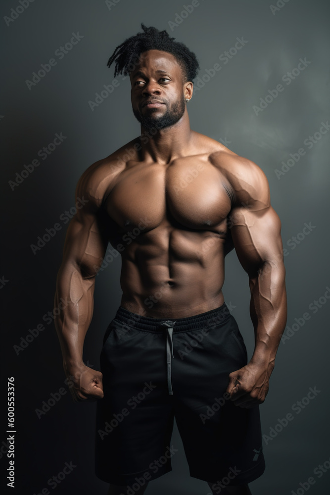 Torso of a very muscular African American man. Fitness body. generate by ai Torso of a very muscular African American man. Fitness body. generate by ai