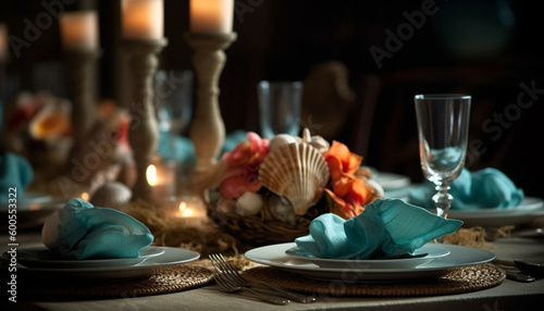 Luxury seafood meal on elegant table ting generated by AI